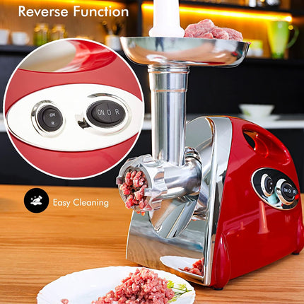 Red meat grinder on a wooden surface with close-up details and minced meat on a plate.