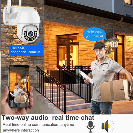 A promotional graphic for a dome security camera showing a white dome camera at the top left, a smartphone screen below it, and a delivery person standing outside a stone building with a speech bubble reading 'Hello boss, your parcel!'. Text at the bottom says 'Two-way audio real time chat' with microphone and speaker icons.