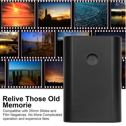 Black device with film strip images of nature scenes above it on a white background