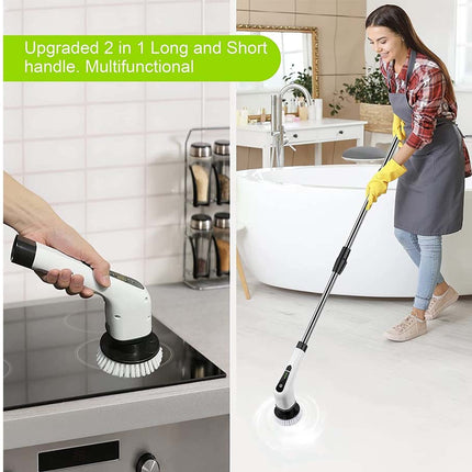 Multifunctional cleaning brush with long and short handle used for kitchen and bathroom cleaning.