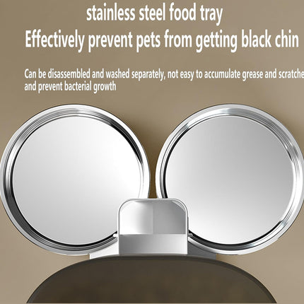 Stainless steel food tray with text on a beige background