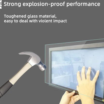 A clear tempered glass screen protector shown being held against a tablet screen, with a hammer striking the glass to demonstrate impact resistance. White text at the top reads 'Strong explosion-proof performance' and 'Toughened glass material, easy to deal with violent impact' on a dark gray background.