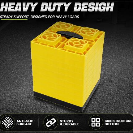 A bright yellow heavy-duty stacking block with a black base and handle, shown on a dark textured background with promotional text highlighting its strength and features.