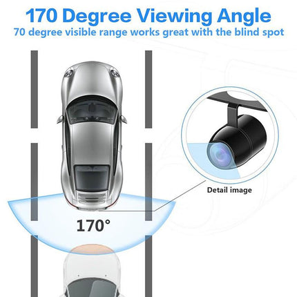 Diagram showing a car's 170-degree viewing angle with a detailed view of the camera system.