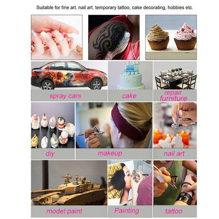 A collage of small example photos with pink labels showing uses for a nail art or craft product, including spray cars, cake decoration, repair furniture, diy items, makeup, nail art, model paint, painting, and tattoo. Text at the top says it is suitable for fine art, nail art, temporary tattoo, cake decorating, hobbies etc.