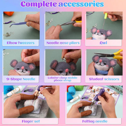 A promotional collage showing multiple small photos of hands using different needlepoint and crafting tools to make a small gray mouse figure. The top text reads 'Complete accessories' and labels the included tools: elbow tweezers, needle nose pliers, owl, 9-Shape Needle, lobster clasp mobile phone strap, student scissors, finger set, and felling needle.