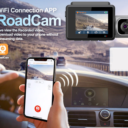 Car dashboard with RoadCam device and smartphone app, showing a highway scene.