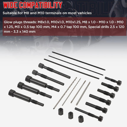A set of black glow plugs and metal adapter bars arranged on a white background, with compatibility text at the top reading 'WIDE COMPATIBILITY' and 'Suitable for M8 and M10 terminals on most vehicles.'.