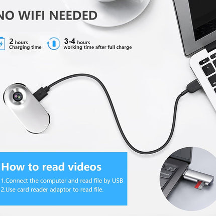 Product with USB connection to laptop, charging time and usage information displayed.