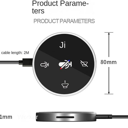 Product parameters of a circular device with USB cable on a white background