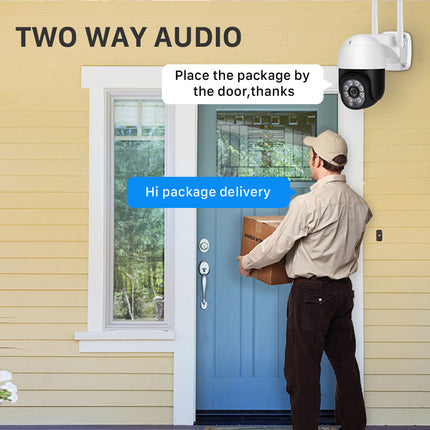 Person delivering a package with a doorbell camera and text indicating two-way audio on a yellow house.