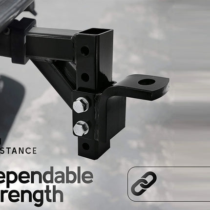 Tow hitch mounted on a vehicle with text 'High Resistance for Dependable Strength' and a logo.