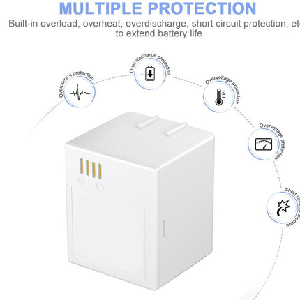 White rectangular battery pack with circular icons and text about protection features on a white background
