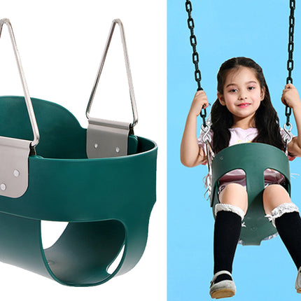 Green baby swing with metal attachments and a child sitting on it against a blue background