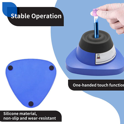 Blue lab stirrer with hand holding a test tube, labeled 'Stable Operation', 'One-handed touch function', and 'Silicone material, non-slip and wear-resistant'.