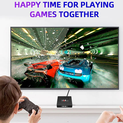 Two people playing a racing game on a TV screen with text 'Happy Time for Playing Games Together'.