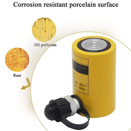 A yellow cylindrical industrial filter with a black and silver cap, shown on a white background with text reading 'Corrosion resistant porcelain surface' and two inset circles labeled 'Oil pollution' and 'Rust' to illustrate the coated surface benefits.
