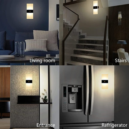 Collage of wall lights in different settings including living room, stairs, entrance, and refrigerator.