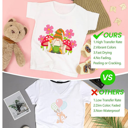 Comparison of printed t-shirts with cartoon designs on a pink background