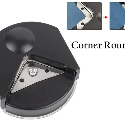 A black and silver corner rounder tool shown on a white background, with two small inset demonstration images at the top right showing a corner being rounded and the text 'Corner Rounder'.