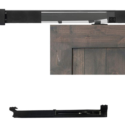 Wooden cabinet door with black trim on a white background