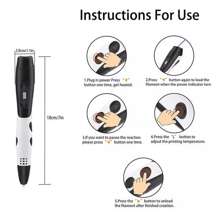 Instruction diagram showing how to use a 3D printing pen, with a product side view on the left labeled 18cm/7in and five circular step illustrations on the right with text instructions for plugging, pressing buttons, pausing, adjusting temperature, and unloading.