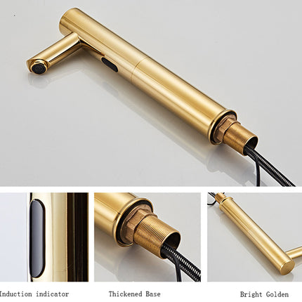 Gold-toned touch感应 faucet handle with a thickened base and black cord, shown on a light gray background with three detail inset images labeled induction indicator, thickened base, and bright golden.