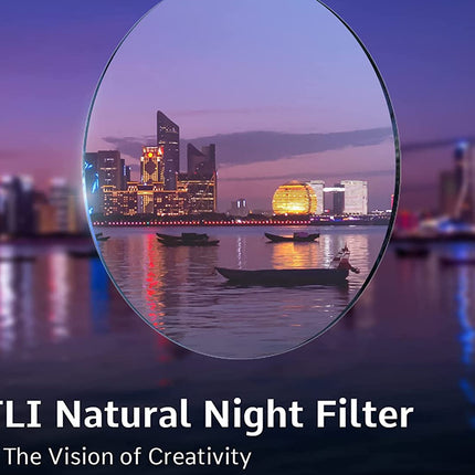 City skyline at night with reflection on water, featuring ATLI Natural Night Filter text.