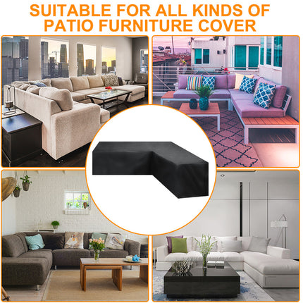 An L-shaped patio furniture cover in black is shown in the center, surrounded by four lifestyle photos of various sofas and outdoor seating arrangements, with the text 'SUITABLE FOR ALL KINDS OF PATIO FURNITURE COVER' at the top.