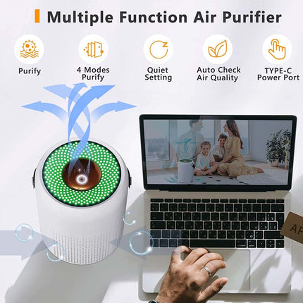 A white cylindrical portable air purifier with a green circular top is shown beside an open laptop on a white background. Above the scene, text reads 'Multiple Function Air Purifier' with feature icons for purify, 4 modes, quiet setting, auto check air quality, and Type-C power port.