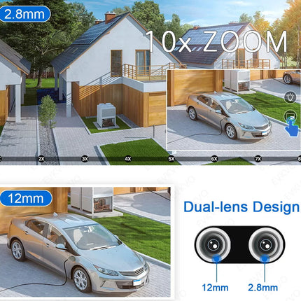 Camera zoom demonstration with a house and car, showing different lens sizes and zoom levels.
