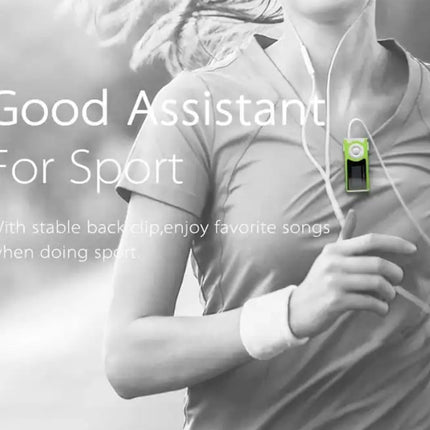 Person wearing a sports outfit with earphones, text 'Good Assistant For Sport' on a gray background