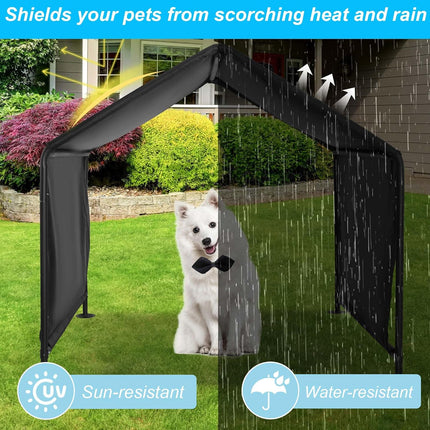 Dog standing under a black pet canopy in the rain with text highlighting its features.