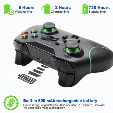 A black wireless game controller with green accents and dual analog sticks, shown on a white background with feature callouts: 5 hours working time, 2 hours charging time, 720 hours standby time, and a built-in 500 mAh rechargeable battery.