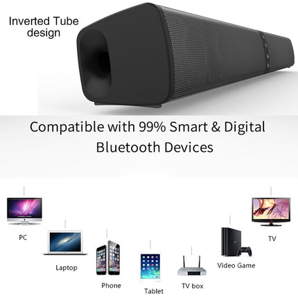Black Bluetooth speaker with compatibility text and icons on a white background