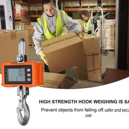 Person in a warehouse using a high strength hook weighing device with text about safety.