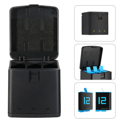 Black battery charger dock with an open lid showing foam interior, plus three inset detail views showing the front lights, the inside of the lid, and two small battery units with blue connectors.