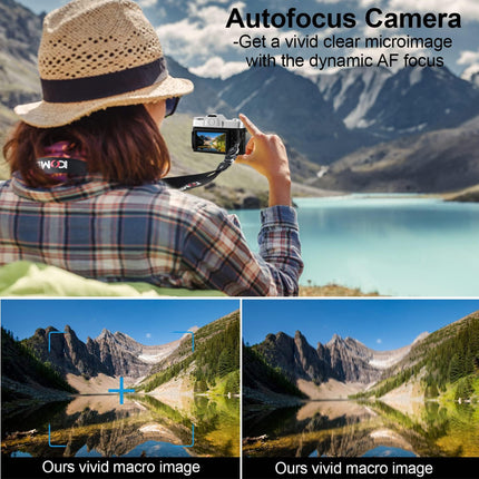 Person taking a photo of a scenic landscape with mountains and lake, emphasizing autofocus camera capabilities.