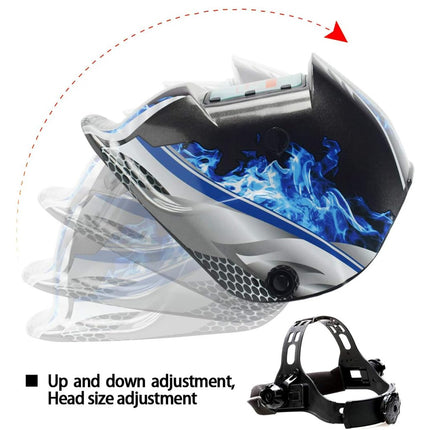 Motorcycle helmet with blue flame design and head strap on a white background