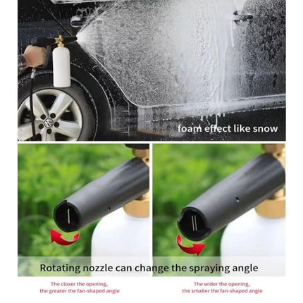 Car washing foam cannon with rotating nozzle and foam effect on car