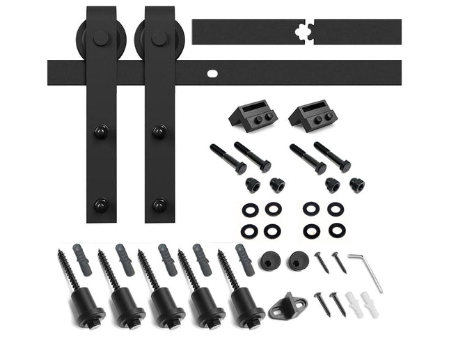 Black metal door hardware kit on a white background