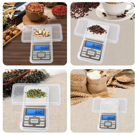 Digital kitchen scale measuring various items including coffee beans, herbs, and grains.