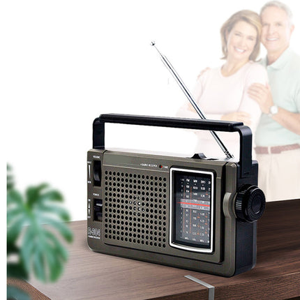 Vintage-style radio on a table with a blurred background of a couple and plant