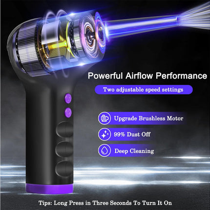 Black handheld vacuum cleaner with purple accents and text highlighting features on a dark background