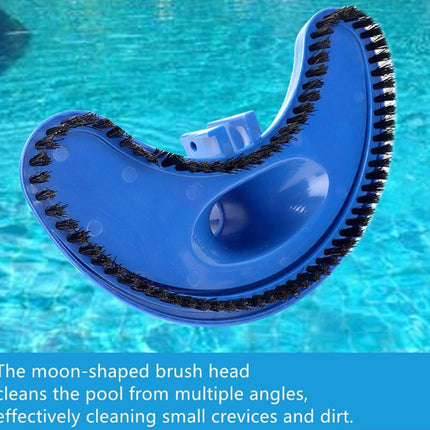 Blue pool cleaning brush with black bristles in a pool, text describing its use.