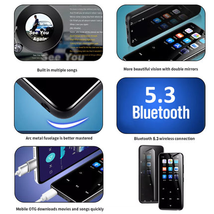 A promotional collage for a smartphone, showing six inset feature images on a white background: built-in multiple songs, double mirrors, arc metal fuselage styling, Bluetooth 5.3 wireless connection, and two views of the phone itself.