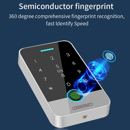 A silver and black electronic fingerprint lock with a digital keypad display, shown on a dark blue background with text and blue glowing fingerprint graphics illustrating touch-free access.