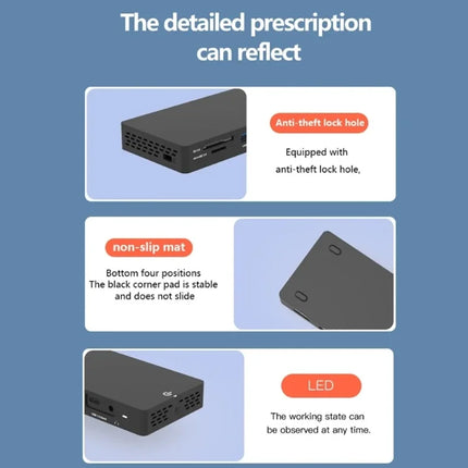Product features with text on a blue background