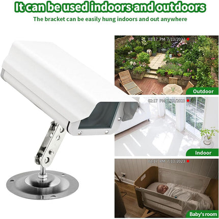 White bracket with flexible arm shown indoors and outdoors, including a baby's room and garden setting.