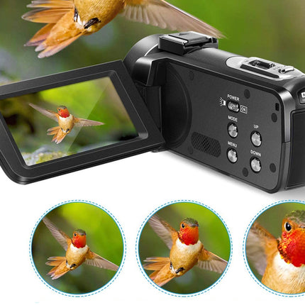 Digital camera with screen displaying a hummingbird, surrounded by images of a hummingbird.
